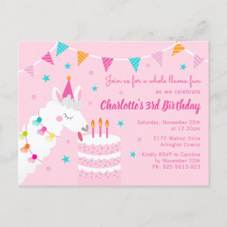 Postal De Invitación Torta divertida de Llama entera de color rosado de