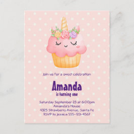 Postal De Invitación Torta rosa dulce Unicornio con Rosas Cumpleaños