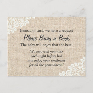 Postal De Invitación Traer un libro Rústico Lace Burlap Baby Shower Ins
