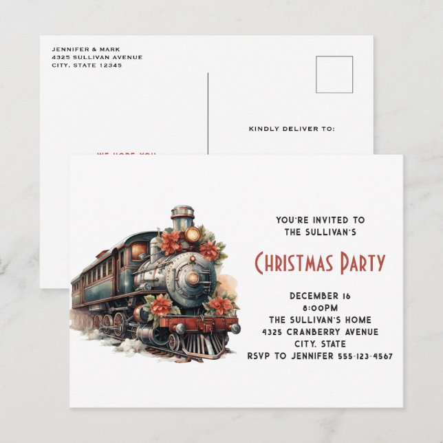 Postal De Invitación Tren de vapor de época Navidades tradicionales (Anverso / Reverso)