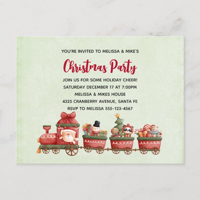 Postal De Invitación Tren navideño bonito con juguetes invitados (Anverso)