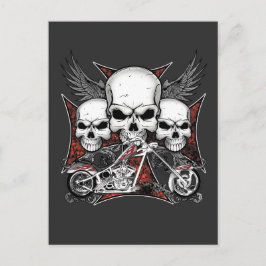 Postal De Invitación Tres cráneos con motocicleta de helicóptero rojo