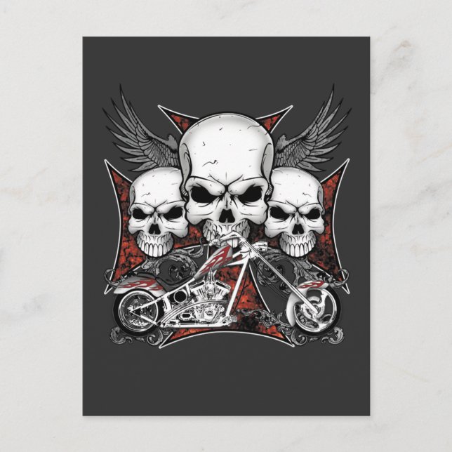 Postal De Invitación Tres cráneos con motocicleta de helicóptero rojo (Anverso)