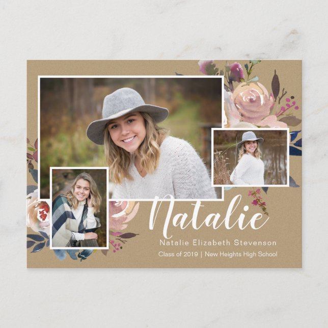 Postal De Invitación Tres Fiesta de Graduación Personalizada de Floral  (Anverso)