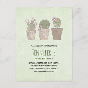 Postal De Invitación Trío de Cactus Sonrientes y Lindos Cumpleaños en A