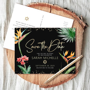 Postal De Invitación Tropical Bat Mitzvah Guardar Fecha Floral Negro Or