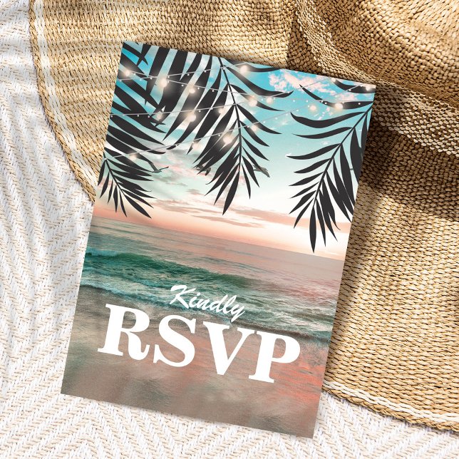 Postal De Invitación Tropical Beach Wedding RSVP | Cadena de luces (Subido por el creador)