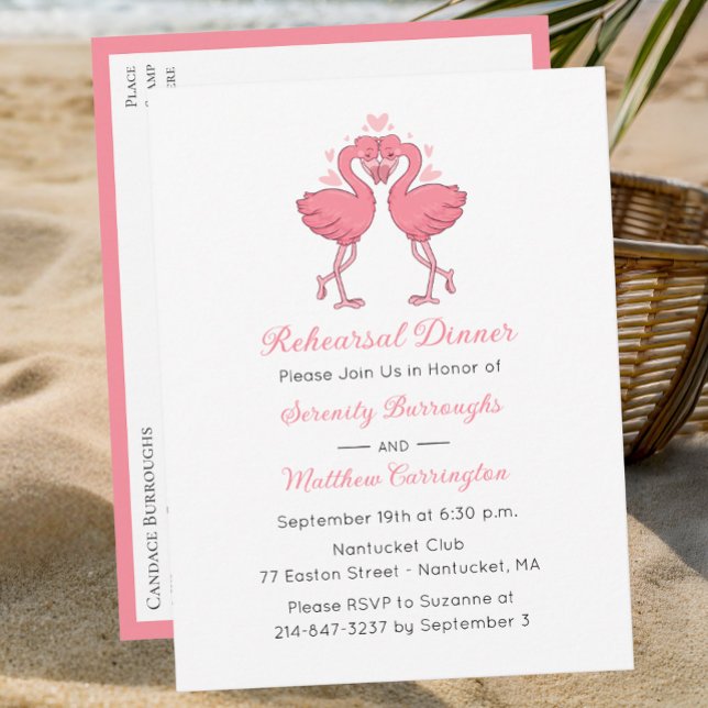 Postal De Invitación Tropical Pink Flamingo Beach Rehearsal Dinner (Subido por el creador)