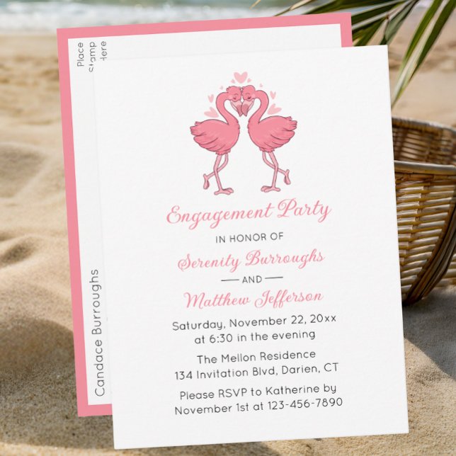 Postal De Invitación Tropical Pink Flamingo Hawaiian Engagement Party (Subido por el creador)