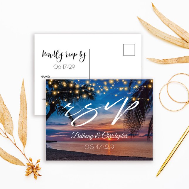 Postal De Invitación Tropical Sunset Beach String Lights Wedding RSVP (Subido por el creador)