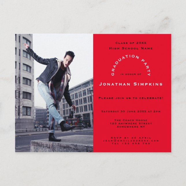 Postal De Invitación Tu fiesta de foto/rojo/tipografía/graduación (Anverso)