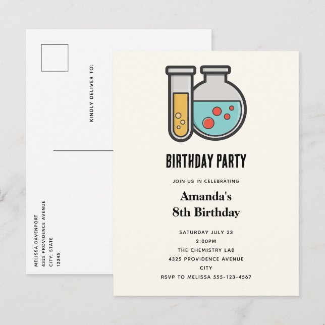 Postal De Invitación Tubo de prueba de química y cumpleaños del vaso (Anverso / Reverso)