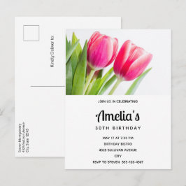 Postal De Invitación Tulipanes rosados con hojas verdes foto cumpleaños