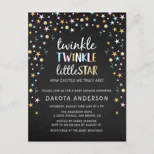 Postal De Invitación Twinkle Little Star Confetti & Chalk Baby Shower (Anverso)