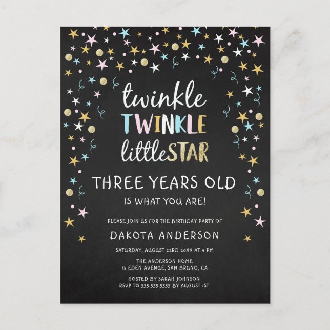 Postal De Invitación ¡Twinkle Little Star De 3 Años Es Lo Que Eres! (Anverso)
