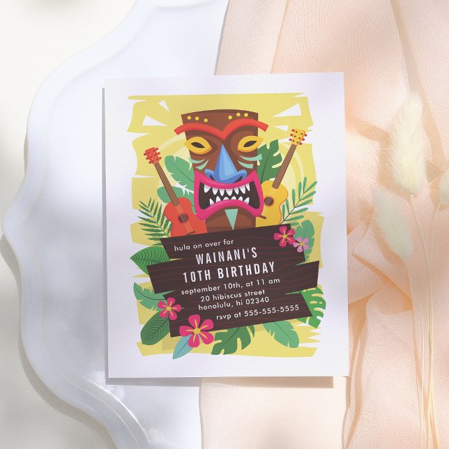 Postal De Invitación Ukulele Tropical Hawaití y Tiki Luau Cumpleaños (Subido por el creador)