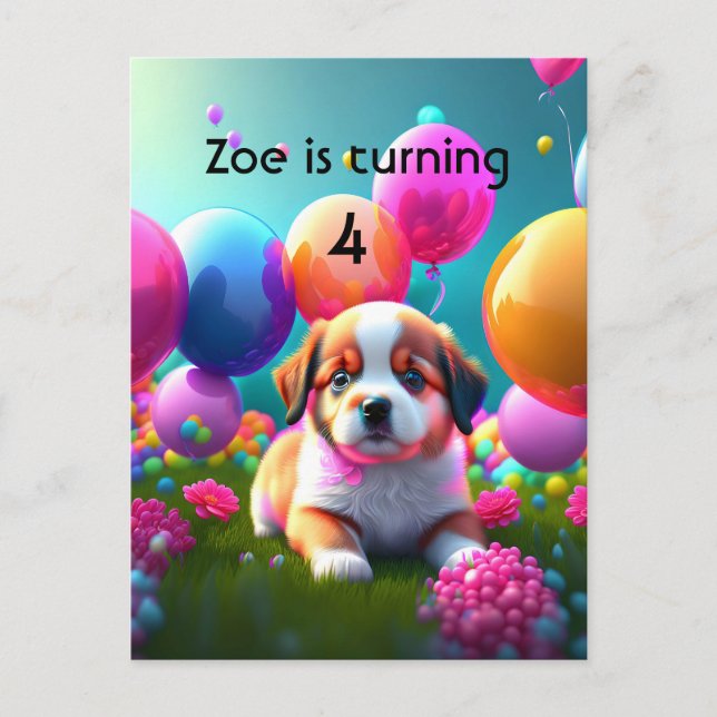 Postal De Invitación Un cachorro lindo con globos - niños dulces Cumple (Anverso)