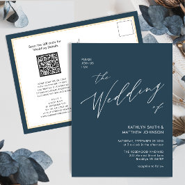 Postal De Invitación Un Código QR Azul Dusto En Un Boda De Moda Moderno