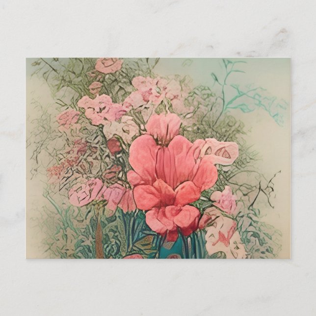 Postal De Invitación un cuadro de flores rosas en un jarrón azul (Anverso)