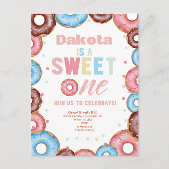 Postal De Invitación Un dulce primer cumpleaños de un donut (Anverso)