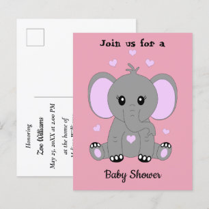 Postal De Invitación Un elefante bebé lindo en una ducha de bebé rosa