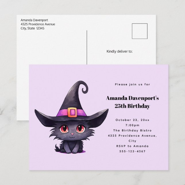 Postal De Invitación Un gato negro lindo vistiendo el cumpleaños Gorra  (Anverso / Reverso)