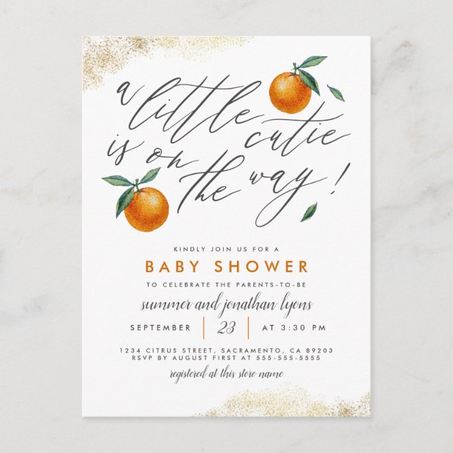 Postal De Invitación Un Pequeño Testigo Está En Camino Naranja Baby Sho (Anverso)
