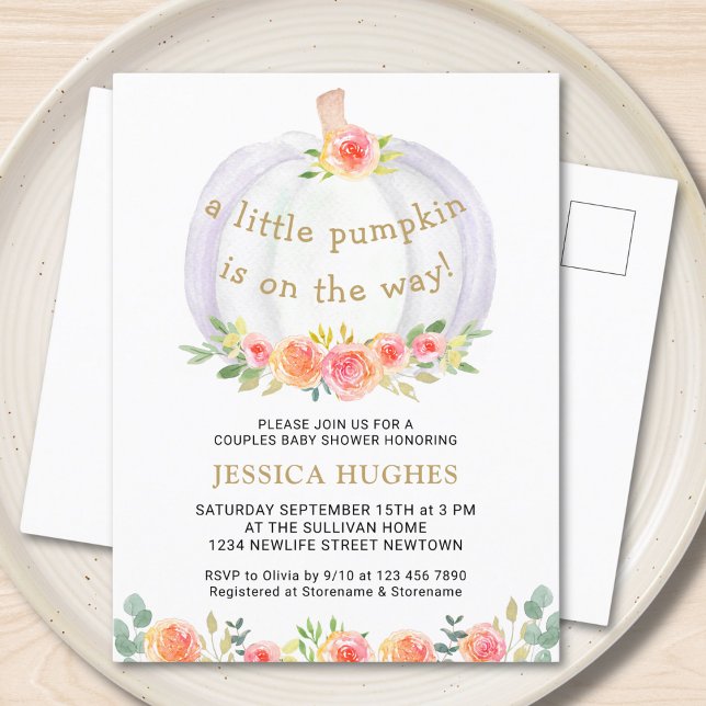 Postal De Invitación Una calabaza está en camino a Baby Shower (Subido por el creador)
