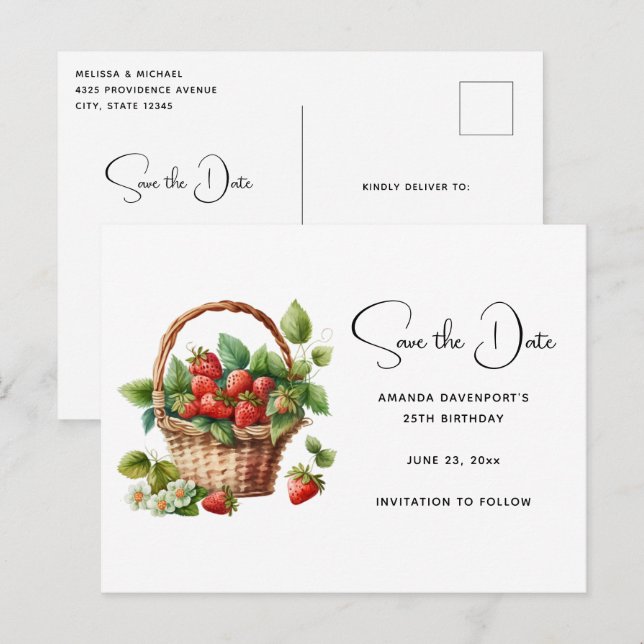 Postal De Invitación Una cesta llena de fresas salva la fecha (Anverso / Reverso)