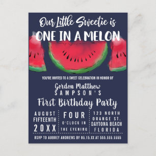 Postal De Invitación Una en una sandía de melón Melón Primer cumpleaños
