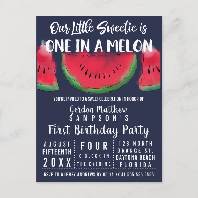 Postal De Invitación Una en una sandía de melón Melón Primer cumpleaños (Anverso)