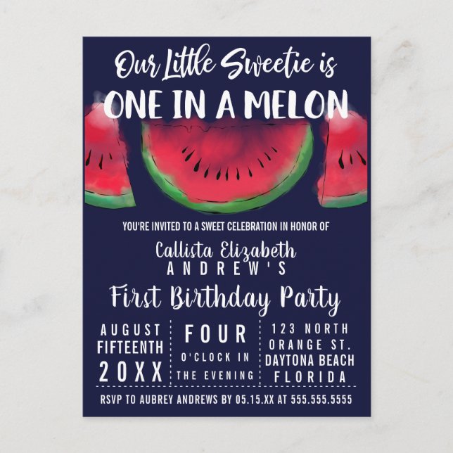 Postal De Invitación Una en una sandía de melón Melón Primer cumpleaños (Anverso)
