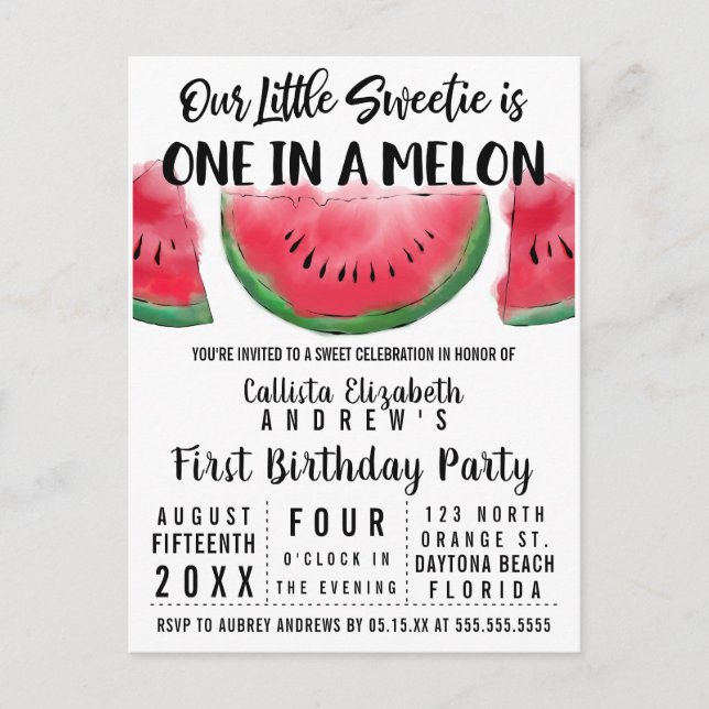 Postal De Invitación Una en una sandía de melón Melón Primer cumpleaños (Anverso)