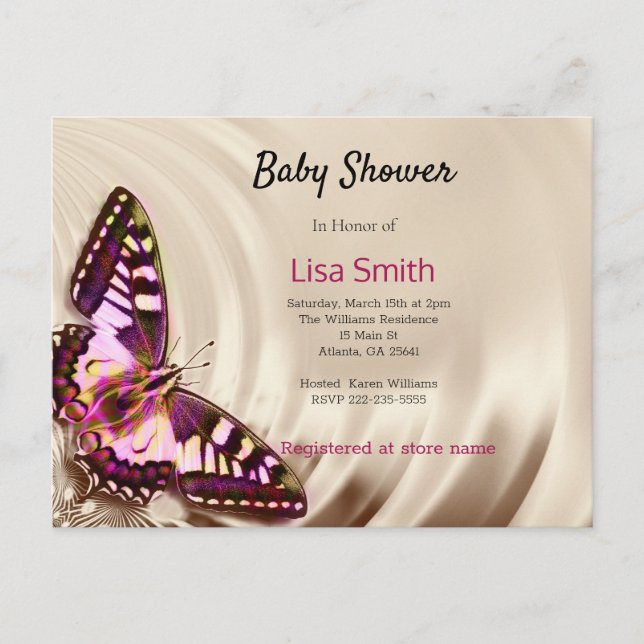 Postal De Invitación Una mariposa rosa sobre un fondo de satén crema (Anverso)