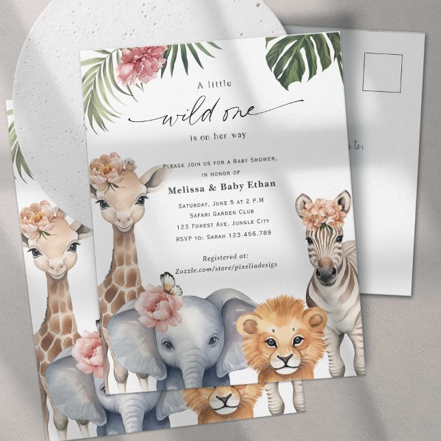 Postal De Invitación Una niña salvaje ducha, un azarí lindo tema (Wild One Safari Baby Animals, Baby Girl Shower. A wild One is on Her way, A Cute Baby Shower invite.)