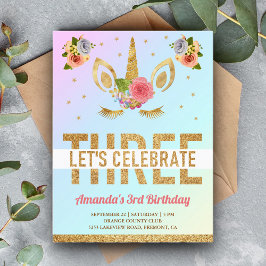 Postal De Invitación Unicornio de purpurina dorada mágica Cumpleaños 3
