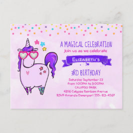 Postal De Invitación Unicornio lindo en gafas cardiacas Cumpleaños