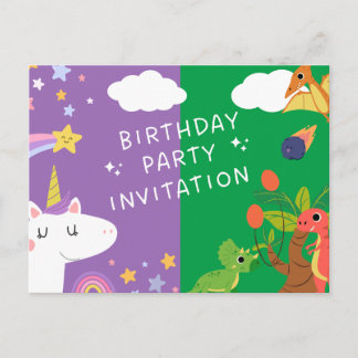 Postal De Invitación Unicornio y dinosaurio