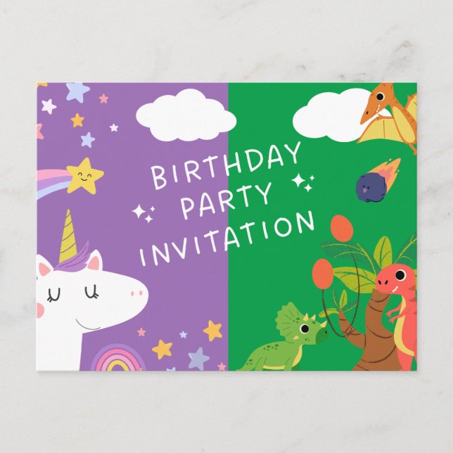 Postal De Invitación Unicornio y dinosaurio (Anverso)