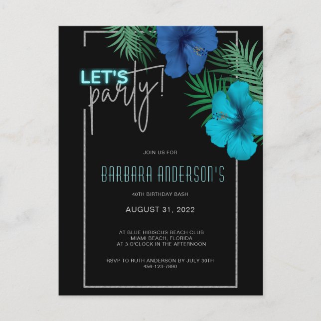 Postal De Invitación Vamos Fiesta Black Blue Neon Tropical 40 cumpleaño (Anverso)