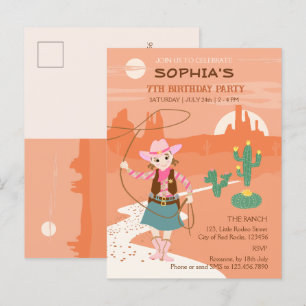 Postal De Invitación Vaquera con lazo y cactus Fiesta de cumpleaños
