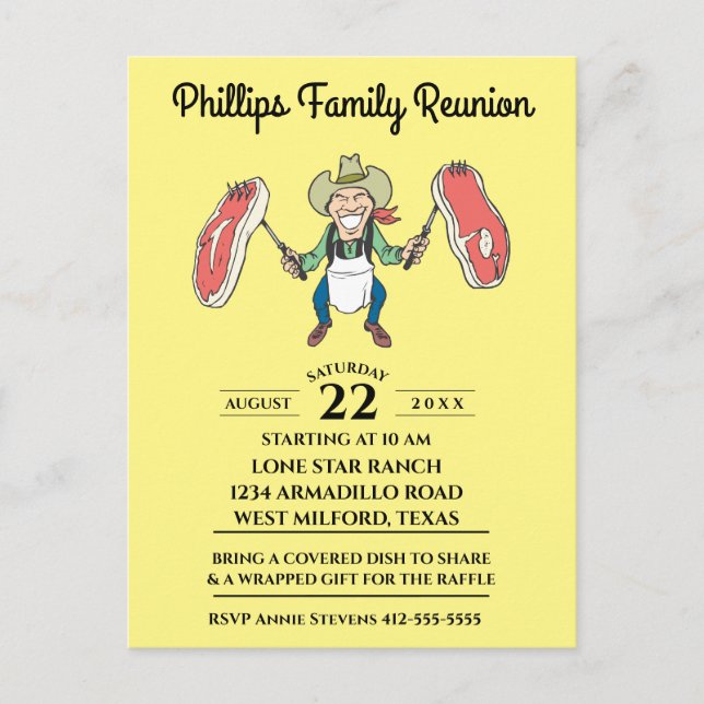 Postal De Invitación Vaqueros de la Reunión Familiar Big Steaks (Anverso)