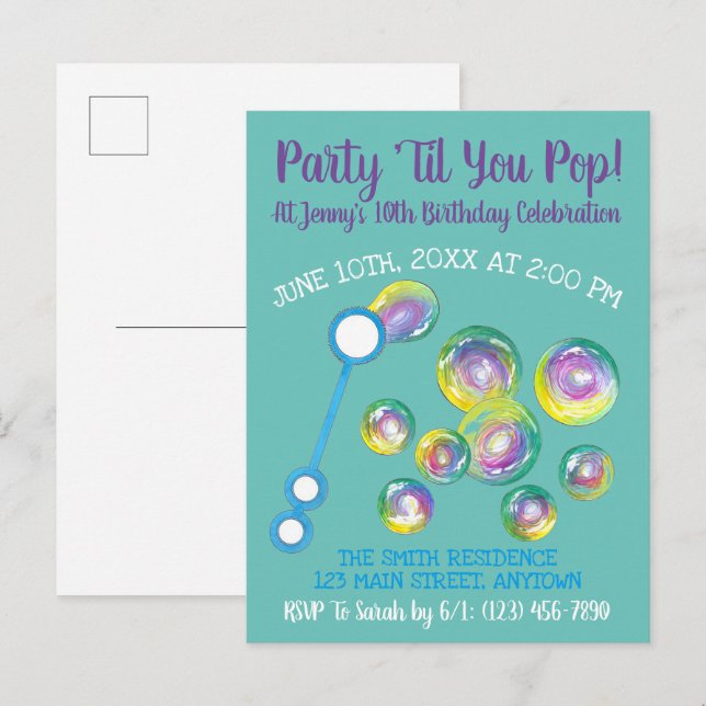 Postal De Invitación Varita de Burbujas Fiesta Hasta que Revientes Cump (Anverso / Reverso)
