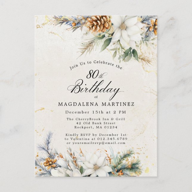 Postal De Invitación Vegetación floral blanca de invierno 80 cumpleaños (Anverso)