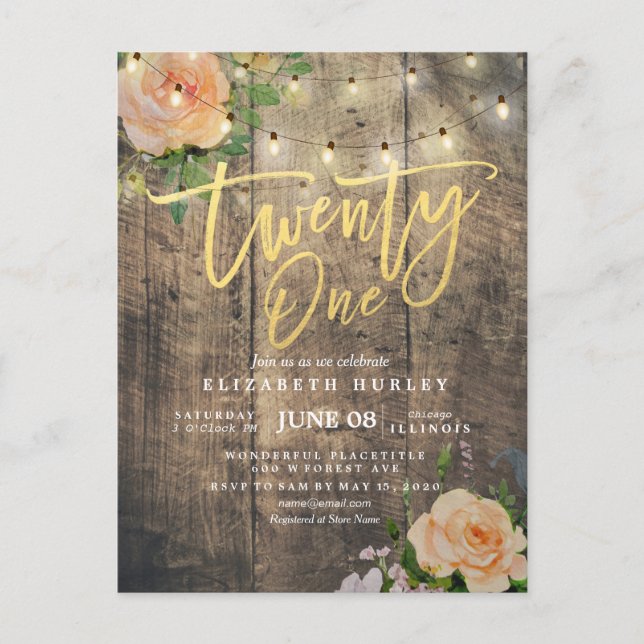 Postal De Invitación Veintiún cumpleaños fiesta maderera Flor de flores (Anverso)