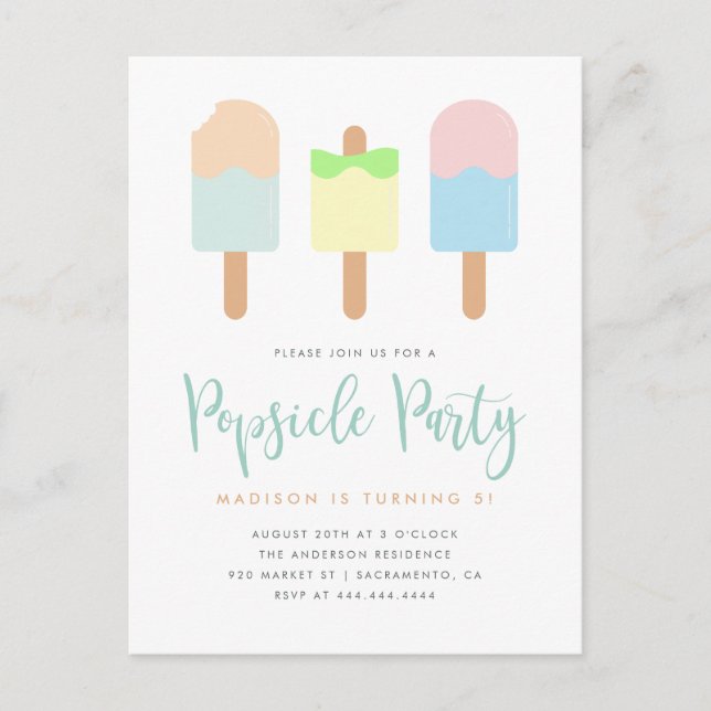 Postal De Invitación Verano divertido Pastel Popsicle Fiesta niños cump (Anverso)