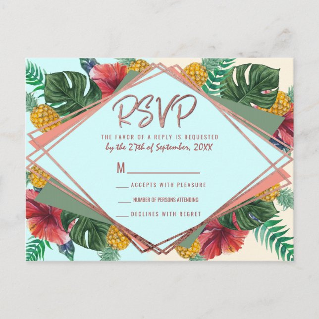 Postal De Invitación Verano Tropical Hojas de Piña Floral RSVP (Anverso)