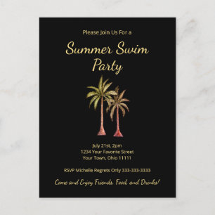 Postal De Invitación Verano tropical Piscina Fiesta Palm Trees Gold