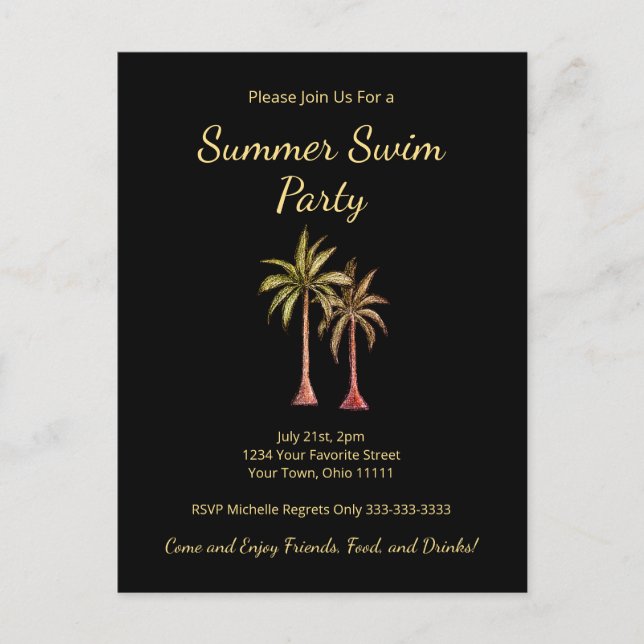 Postal De Invitación Verano tropical Piscina Fiesta Palm Trees Gold (Anverso)