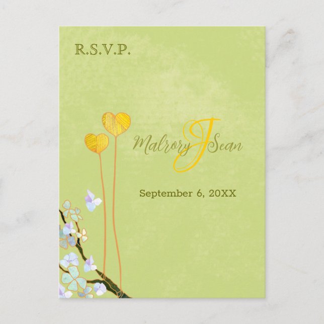 Postal De Invitación Verano Verde Dos Corazones Boda RSVP (Anverso)